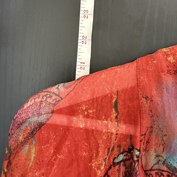 Chicos Womens Sz 1 M/8 Red Silk Asian Lantern Kimono Open Tie Front Blouse Top - Picture 11 of 12